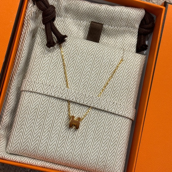 HERMES BNIB mini pop H pendant Brown Gold with Gold chain - Picture 3 of 4